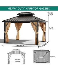10x12 Ft Double Roof Gazebo, Heavy Duty Steel Frame with Fabric Canopy and Mesh for Patio Backyard Outdoor Gatherings, Khaki/Grey