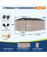 10 x 14 Ft Outdoor Storage Shed, Heavy Duty Steel Garden Tool Shed with Lockable Doors and Vents, for Backyard Patio Lawn, Grey/Brown