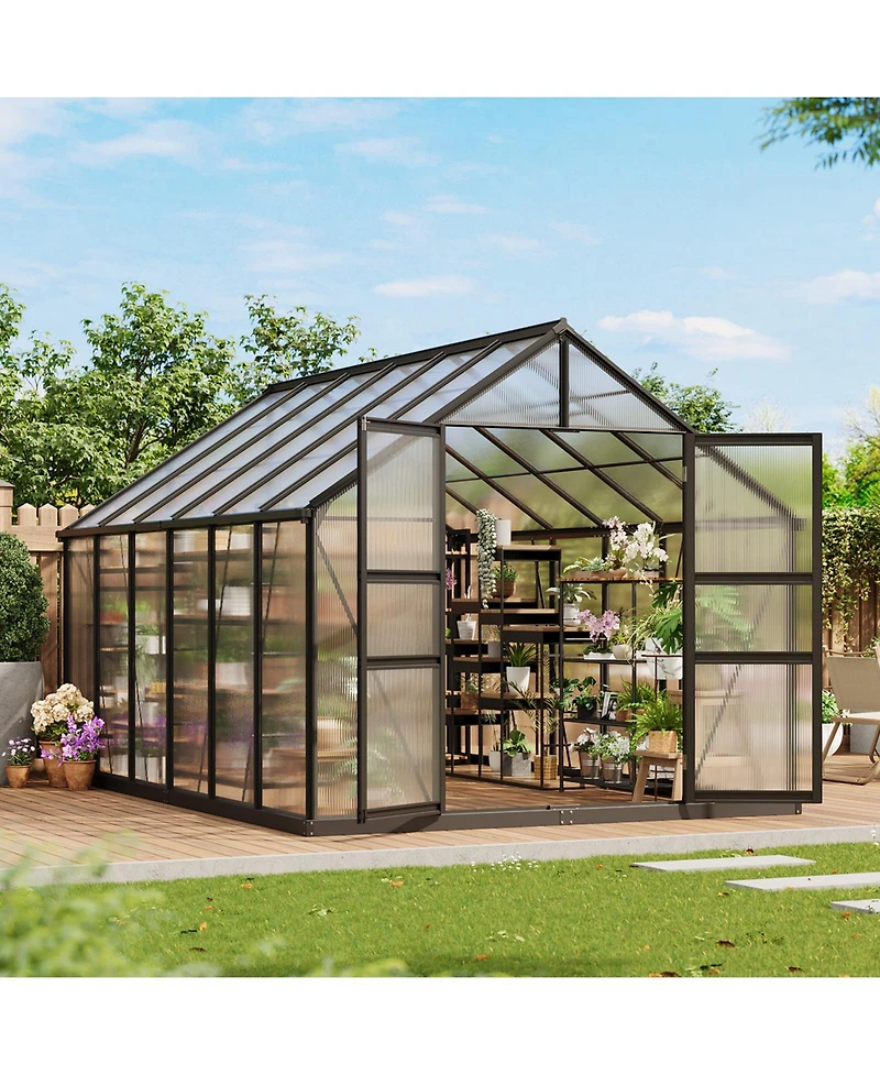12 x 8 Ft Outdoor Greenhouse with Aluminum Frame and Polycarbonate Panels, Walk-in Plant Sun Room with Hinged Door and 2 Vent Windows, Silver