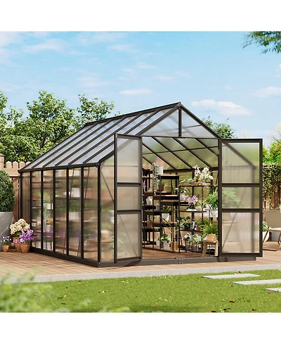 12 x 8 Ft Outdoor Greenhouse with Aluminum Frame and Polycarbonate Panels, Walk-in Plant Sun Room with Hinged Door and 2 Vent Windows, Silver