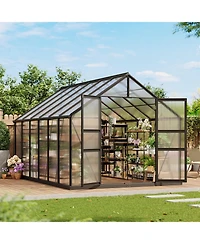 12 x 8 Ft Outdoor Greenhouse with Aluminum Frame and Polycarbonate Panels, Walk-in Plant Sun Room with Hinged Door and 2 Vent Windows, Silver