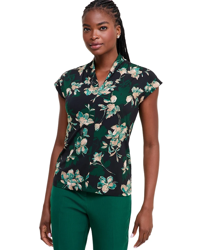 Kasper Petite Floral Dressy V-Neck Blouse