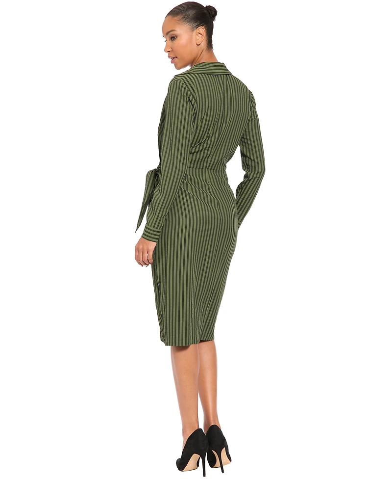 London Times Women's Long-Sleeve Collared Striped Midi Dress