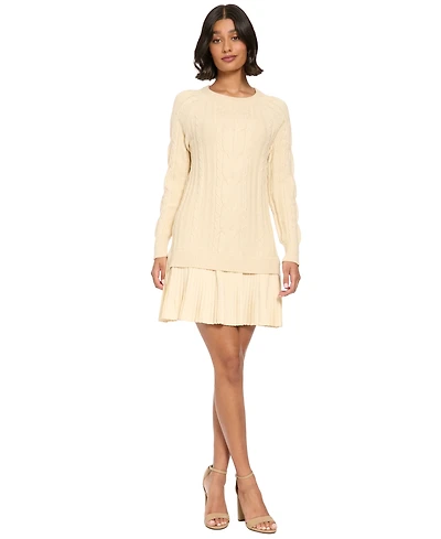 London Times Women's Viscose-Blend Long-Sleeve Pleated Cable-Knit Sweater Dress