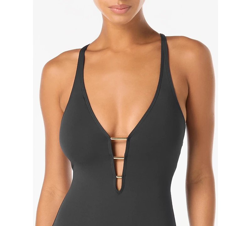 Carmen Marc Valvo Women's Deep V-Neck Cutout Back Full Coverage One-Piece Swimsuit