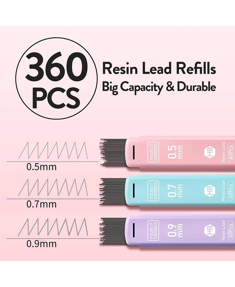 Four Candies Cute Mechanical Pencil Set 6Pieces, 0.5/0.7/0.9mm with 360 Leads and Erasers, Aesthetic School Supplies
