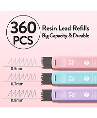 Four Candies Cute Mechanical Pencil Set 6Pieces, 0.5/0.7/0.9mm with 360 Leads and Erasers, Aesthetic School Supplies