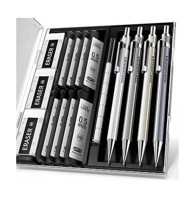 Four Candies 4Pieces Metal Mechanical Pencil Set 0.5mm, 480 Leads 12 Erasers with Case for School Art Drawing