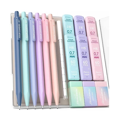 Four Candies Cute Mechanical Pencil Set 6 Pack 0.7mm, 360 Hb/2B Leads Erasers Storage Case, Triangular Grip