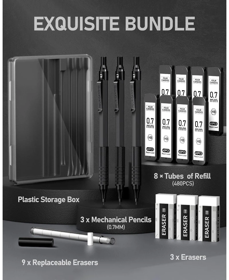 Four Candies Mechanical Graphite Pencil Set, 3Pieces Metal with Anti-Skid Grip for Artists Professionals