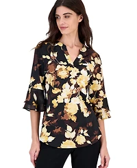 Kasper Petite Floral-Print Split-Neck 3/4 Flutter-Sleeve Tunic