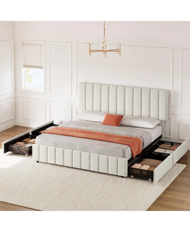 Homfan Storage Platform Bed Frame – 4 Drawers, Adjustable Headboard, No Box Spring Needed, Heavy-Duty Wooden Structure