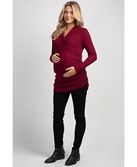 Hello Miz Maternity Nursing Ribbed-Knit Crossover V-Neck Long-Sleeve Top