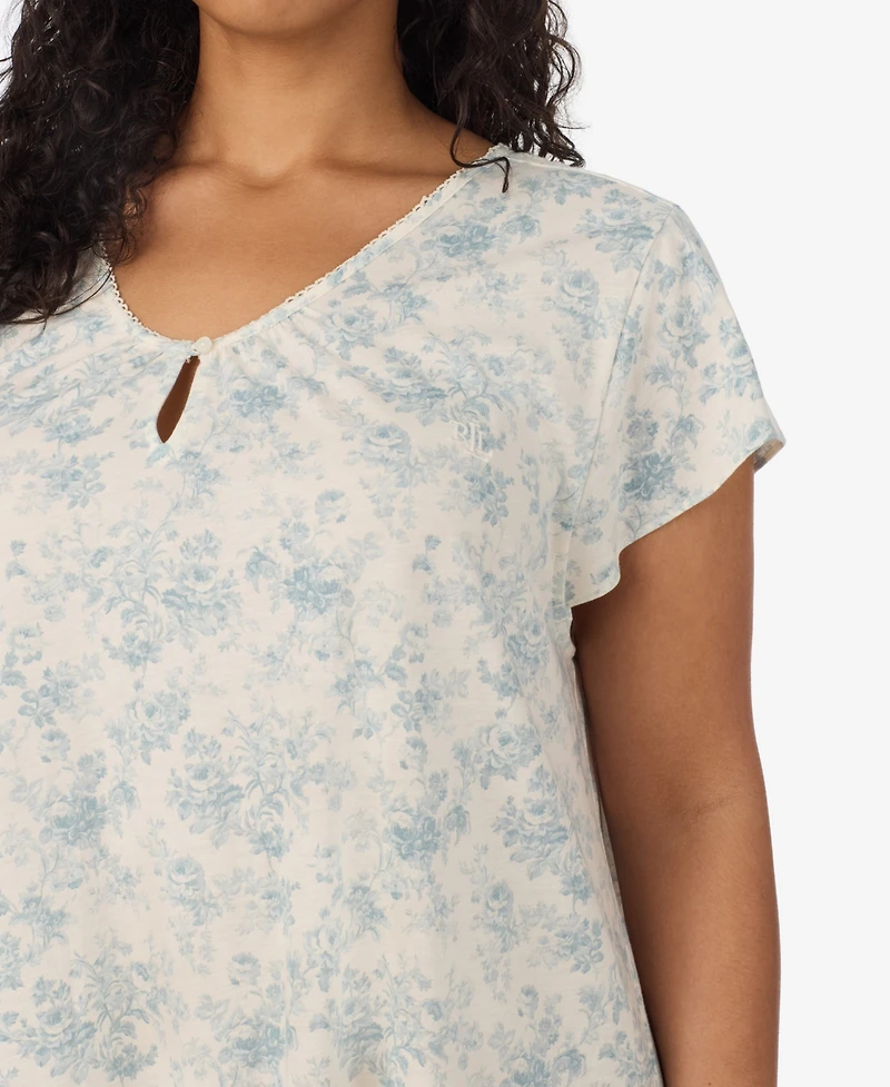 Lauren Ralph Plus Flutter-Sleeve V-Neck Cotton-Blend Nightgown