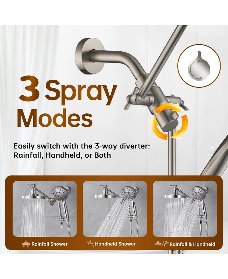 Cyqbd Rain Shower Head Handheld Power Wash Dual Extension Arm 3-way Diverter 9-mode Hose 2.5 Gpm