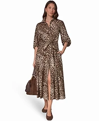Donna Karan Weekend Women's Leopard-Print Voile Cocoon-Sleeve Midi Shirt Dress