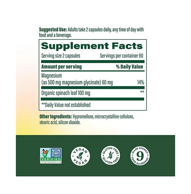 MegaFood Magnesium Glycinate 500mg Sleep and Stress Support 60 mg Elemental Magnesium 120 Capsules