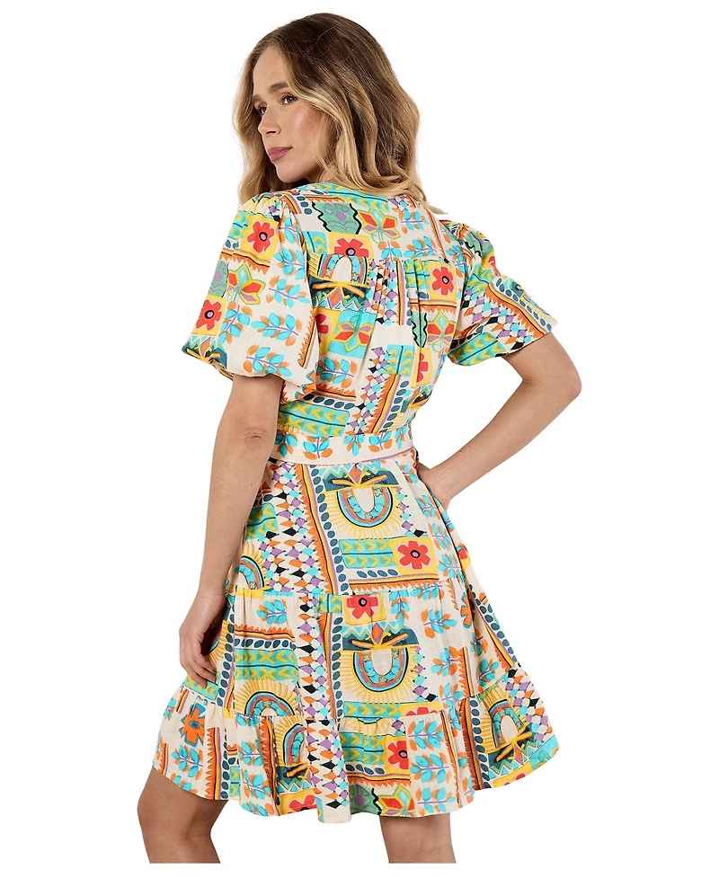 Apricot Women's Tropical Animation Puff-Sleeve Tropical-Print Tiered Mini Dress