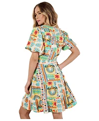 Apricot Women's Tropical Animation Puff-Sleeve Tropical-Print Tiered Mini Dress