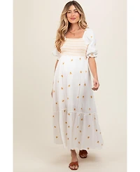 Pinkblush Women's Ivory Gauze Smocked Embroidered Square Neck Midi Dress