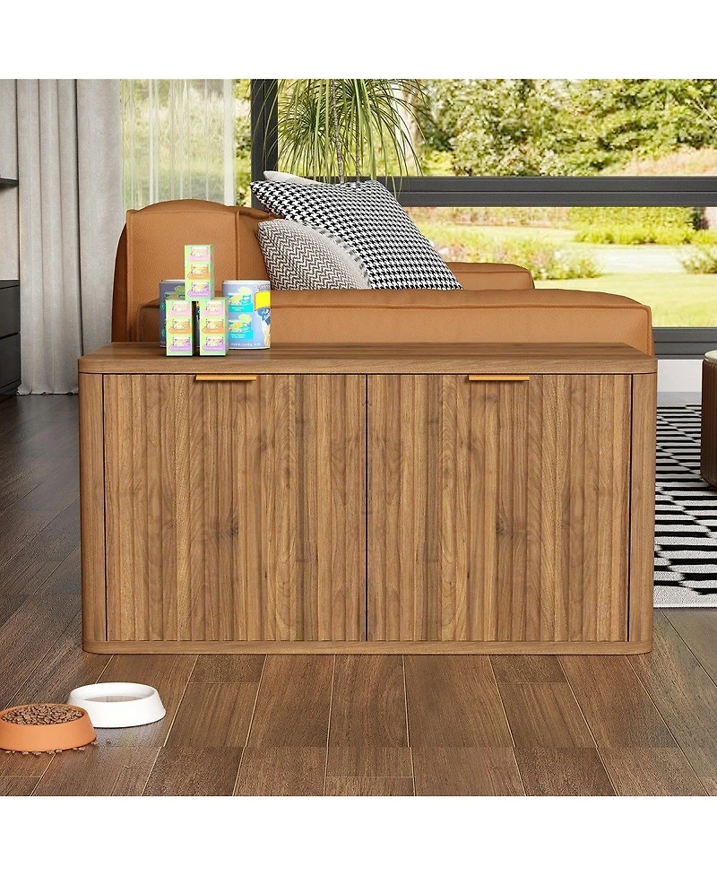 6thdruple 31.5" Modern Walnut Cat Litter Box Enclosure, Hidden Litter Cabinet with Fluted Design