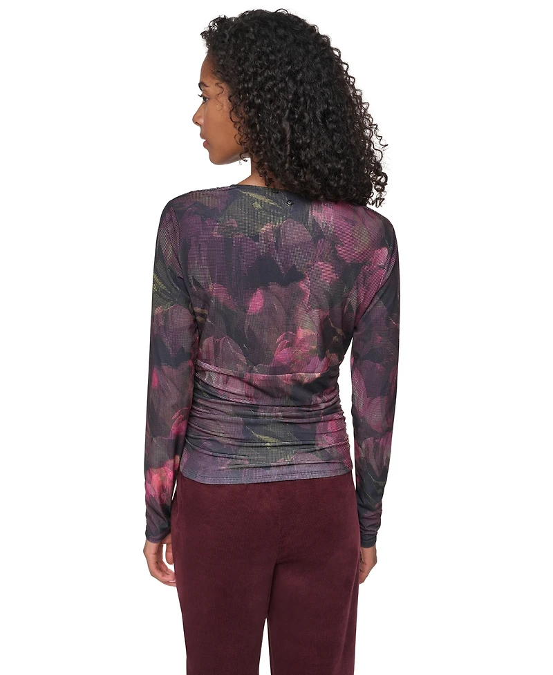 Dkny Women's Floral-Print Ruched Long-Sleeve V-Neck Blouse