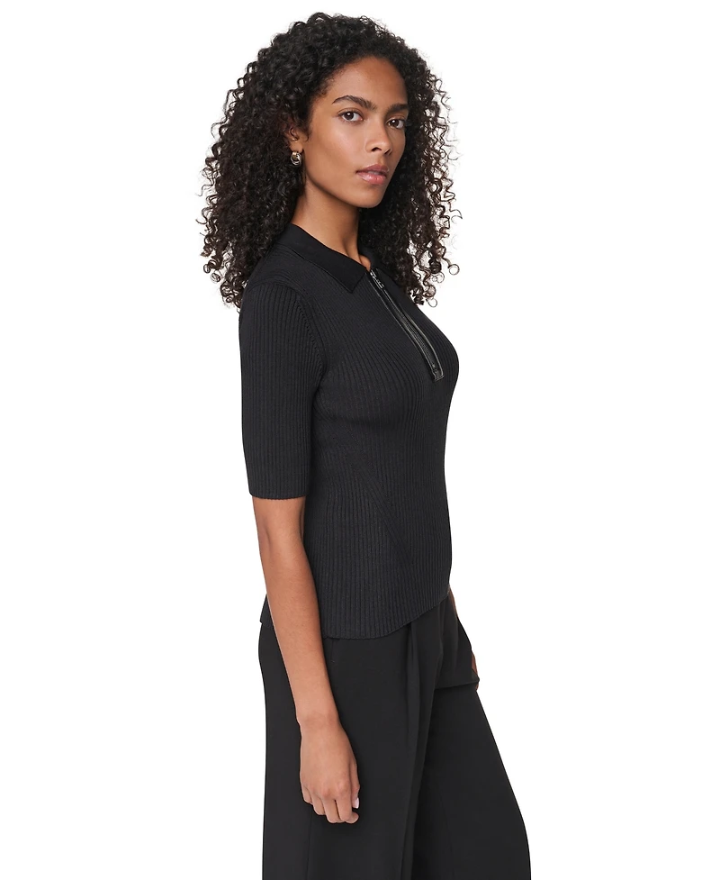 Dkny Women's Polo Short-Sleeve Ribbed-Knit Zip-Front Sweater
