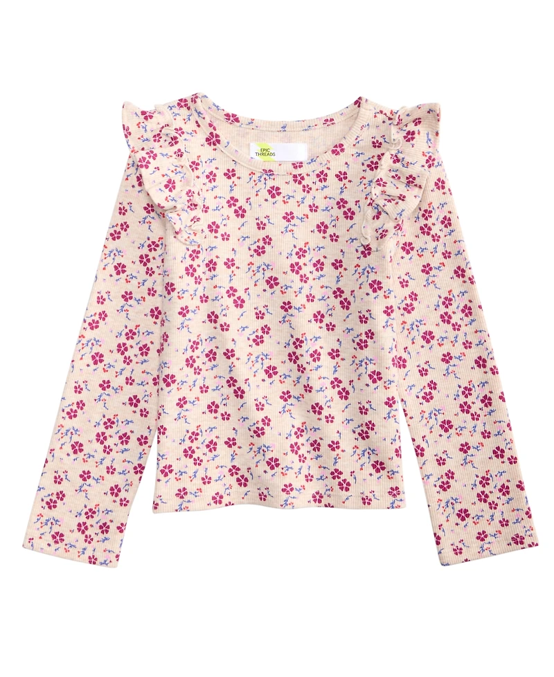 Epic Threads Toddler Girls' 2T-5T Floral-Print Long-Sleeve Ruffled Cotton-Blend Shirt, Macy's Exclusive