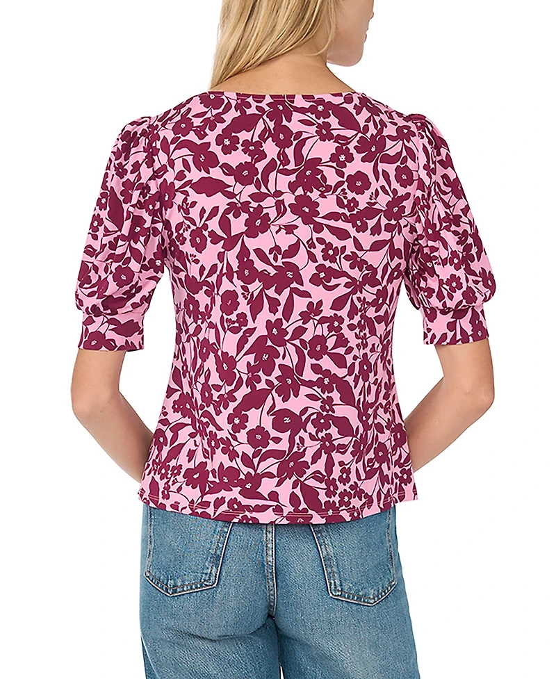 CeCe Women's Floral-Print Shirred Short-Sleeve Crewneck Blouse