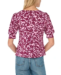 CeCe Women's Floral-Print Shirred Short-Sleeve Crewneck Blouse