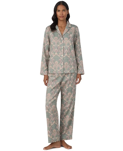 Lauren Ralph Petite Notch Collar Sateen Long Sleeve Pajama Top and Pants, 2-Piece Set
