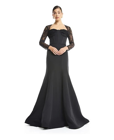 Amri Women's Sweetheart Sheer 3/4-Length Lace Sleeves Mermaid Evening Gown