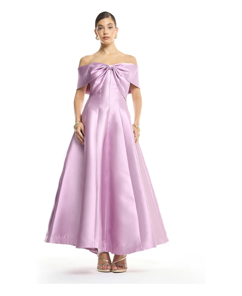 Amri Women's Off-Shoulder Bow Front Tea-Length Midi Dress Satin