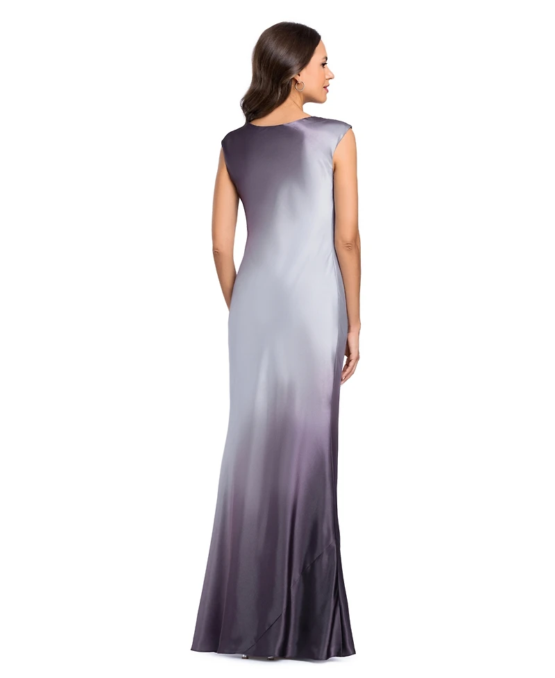 Betsy & Adam Petite Long Ombre Drape Charm Cowl Neck Satin Gown