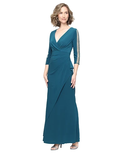 Sl Fashions Petite Illusion-Beaded Surplice Gown