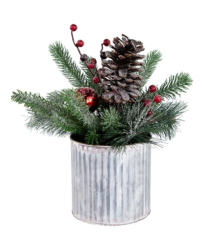 Northlight Frosted Pine Berries and Pine Cones 12" Floral Arrangement in Tin Pot