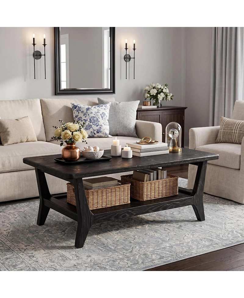 Tribesigns Solid Wood Coffee Table, 47-Inch Living Room Center Table with Shelf, 2-Tier, Smooth Corners, Child-Friendly, Easy Assembly