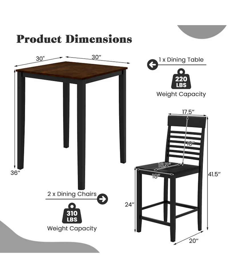 Sugift 3 Piece Counter Height Dining Table Set for 2 with Rubber Wood Frames and Built In Footrests