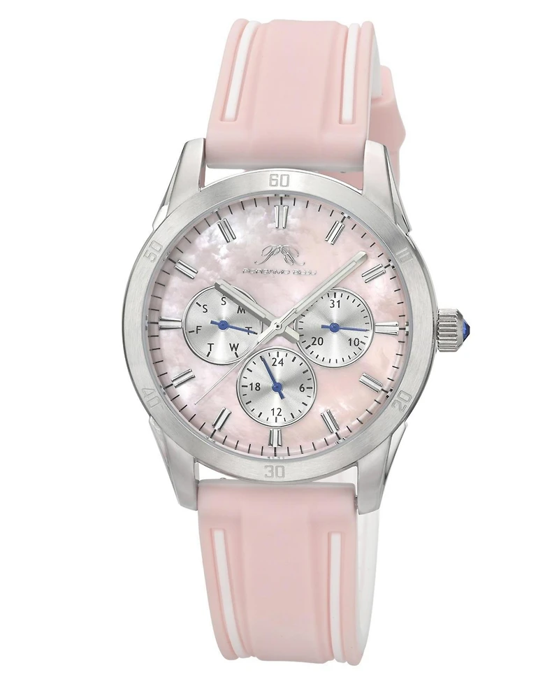 Porsamo Bleu Women's Georgie Multifunction Pink and White Silicone Strap Silver Tone and Pink Mother Of Pearl Dial Watch 39 mm