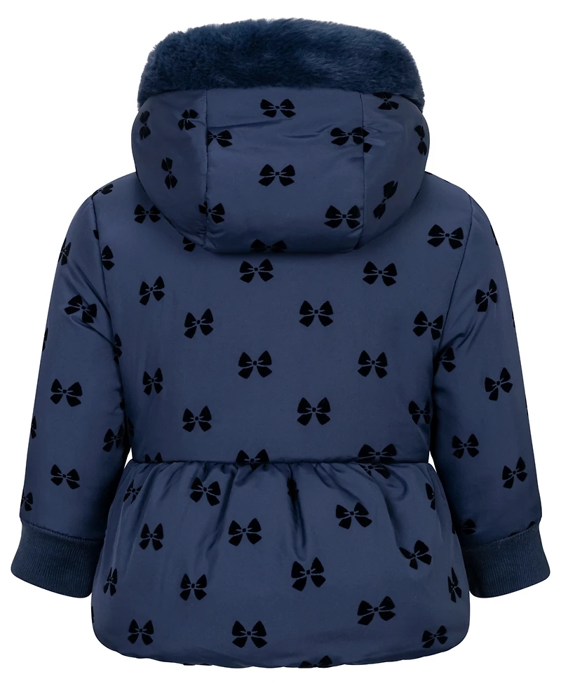 S Rothschild & Co Baby Girls' Flocked Hooded Peplum Puffer Jacket and Mittens, 2-Piece Set