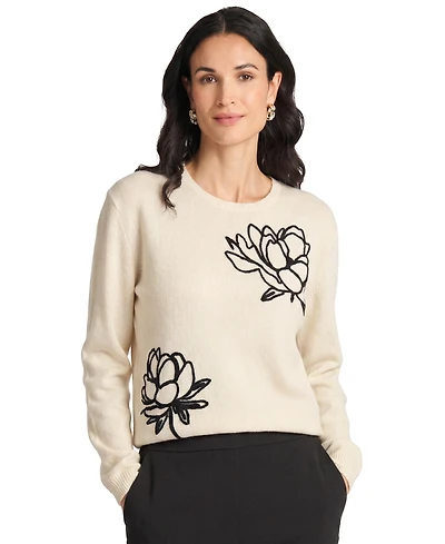 Vince Camuto Women's Chenille Floral Embroidery Crewneck Sweater