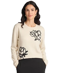 Vince Camuto Women's Chenille Floral Embroidery Crewneck Sweater