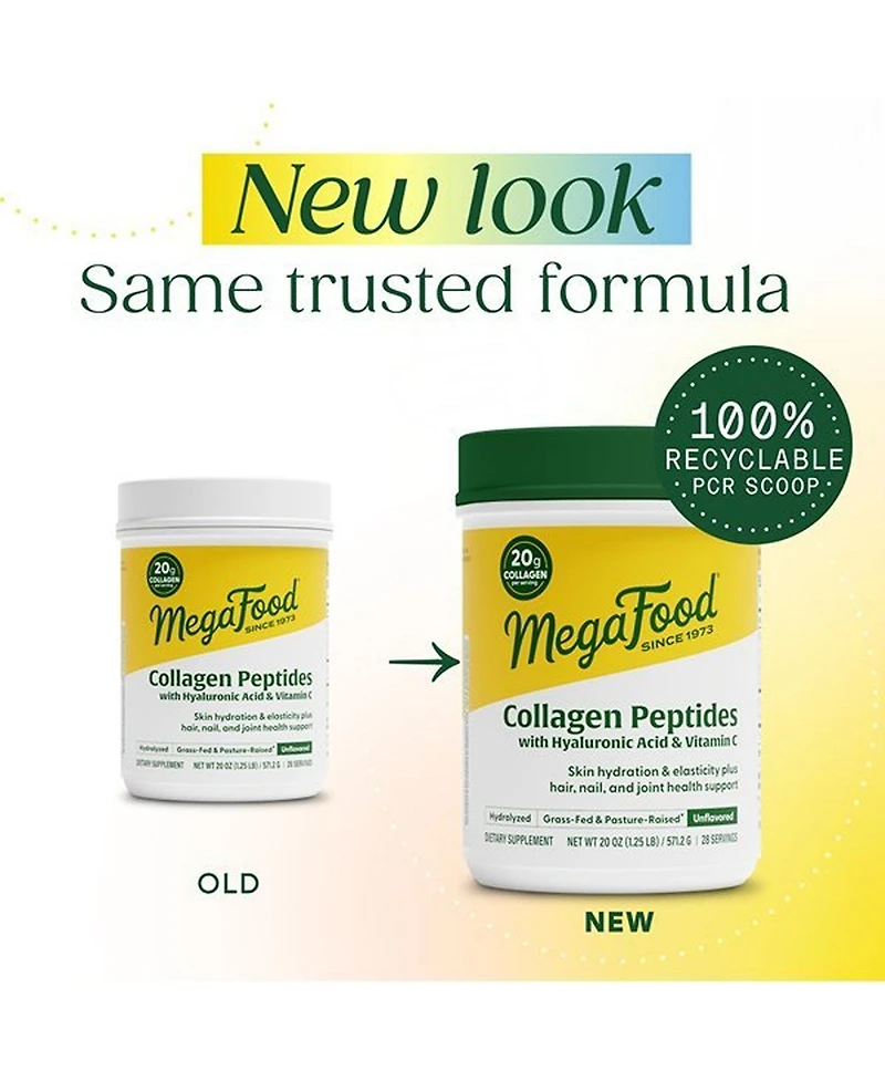 MegaFood Collagen Peptides Powder Unflavored with Hyaluronic Acid and Vitamin C, Grass-Fed Bovine Collagen, 20oz