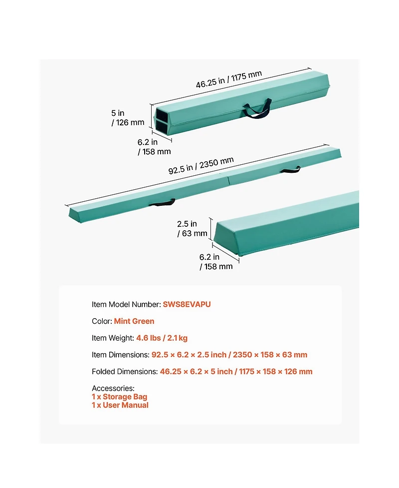 Sevorley 8FT Folding Balance Beam for Kids, Gymnastics Floor Beam with Carrying Bag