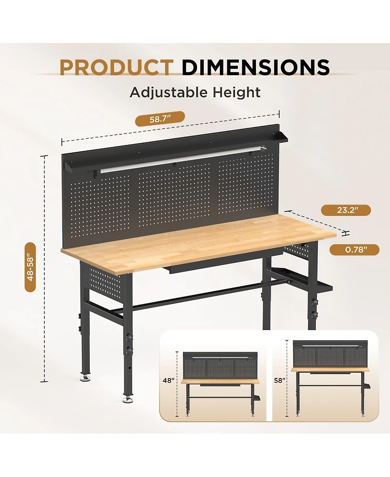 Streamdale 60" Workbench with Solid Wood Top, Drawers, Power Outlet, and Led Light