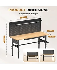 Streamdale 60" Workbench with Solid Wood Top, Drawers, Power Outlet, and Led Light