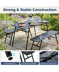 Sugift 3-Piece All-Metal Outdoor Dining Set with Slatted Table and 2 Benches