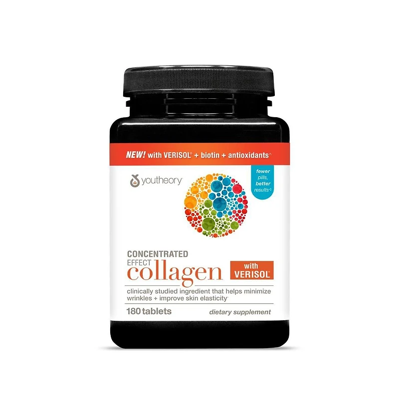 Youtheory Concentrated Effect Collagen with Verisol Advanced Collagen Supplement Supports Skin, Hair Thickness and Nail Strength 180 Tablets