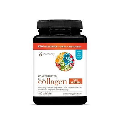 Youtheory Concentrated Effect Collagen with Verisol Advanced Collagen Supplement Supports Skin, Hair Thickness and Nail Strength 180 Tablets