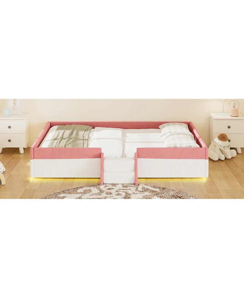 Streamdale Furniture Queen Upholstered Floor Bed with Fence, Steps and Led Lights
